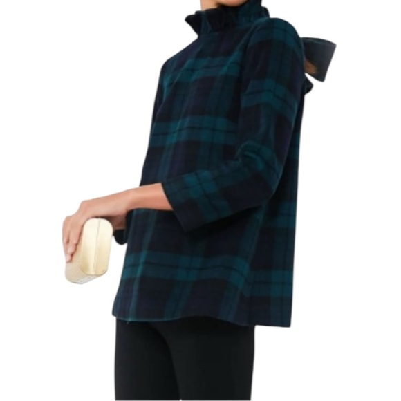 Tuckernuck Blackwatch Plaid Faye Blouse XL Bow Tie Ruffle Collar Wool Blend - Picture 9 of 13